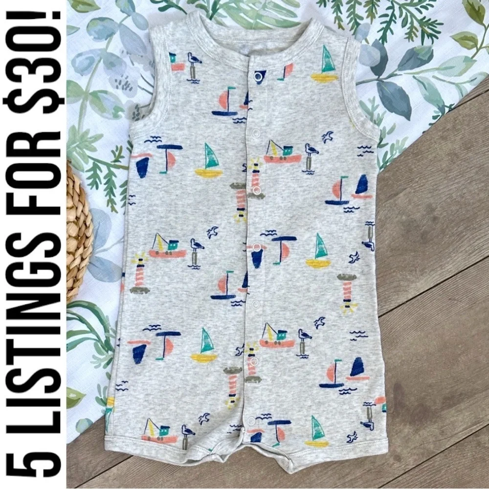 Carter’s Toddler Boy Sailboat Snap Up Sleeveless Romper Size 24 Months
